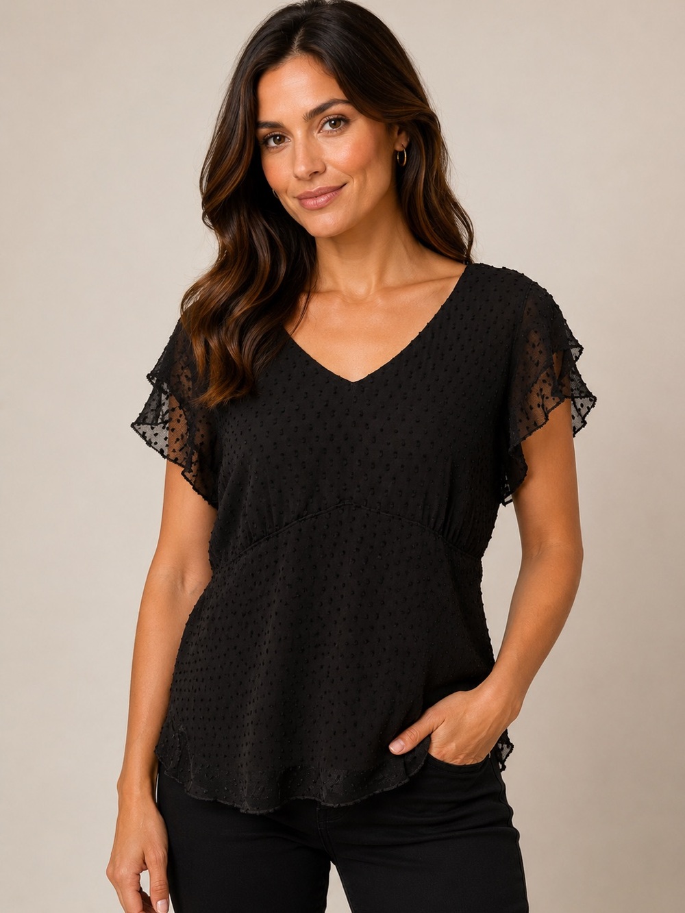 Charter Club Black Swiss Dot V-Neck Blouse medium